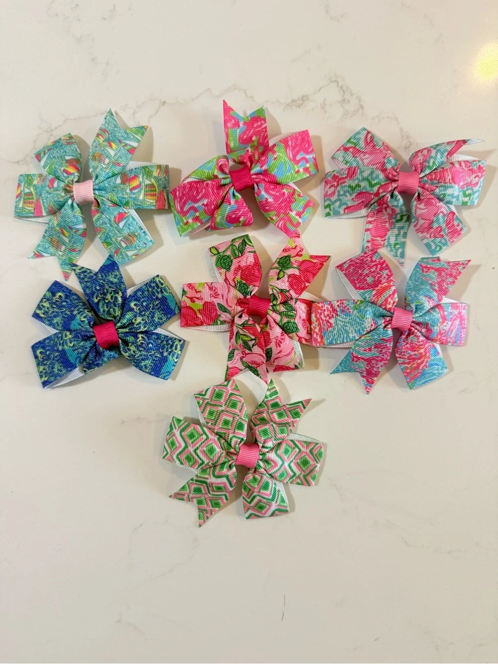 Kids Floral Pink Ribbon Hair Bows - Pack of 7